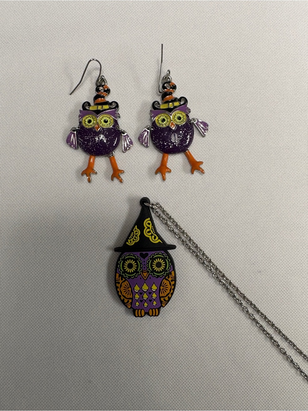 Purple & Orange Owl Halloween Earrings and Necklace Day of the dead - Picture 2 of 8